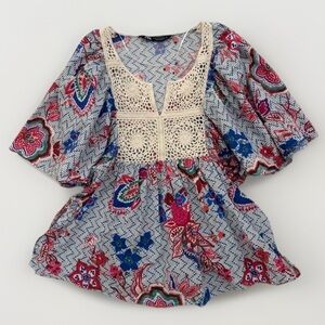 Zara Boho Top Crochet Detail Floral Paisley Print Woman’s XS oversized